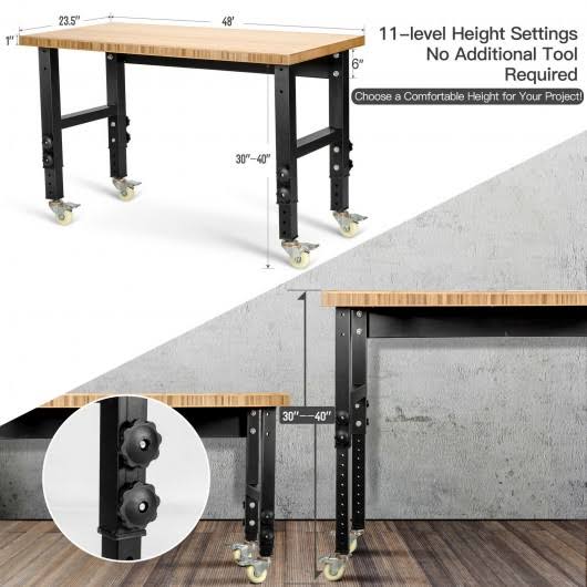 Adjustable Height Bamboo Top Workbench with Caster I272782