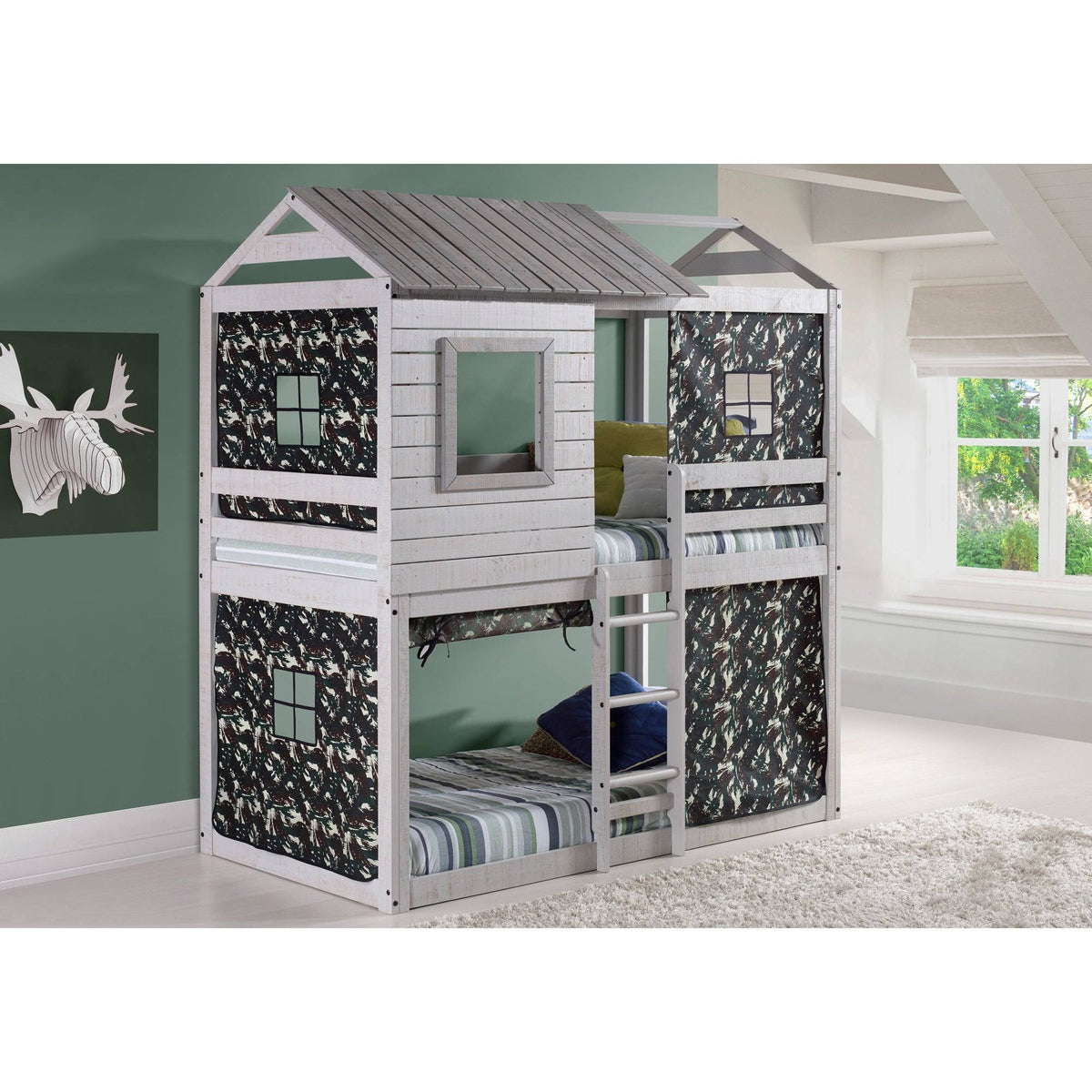 Twin Over Twin Size Bunk Loft Bed with Tent A279950