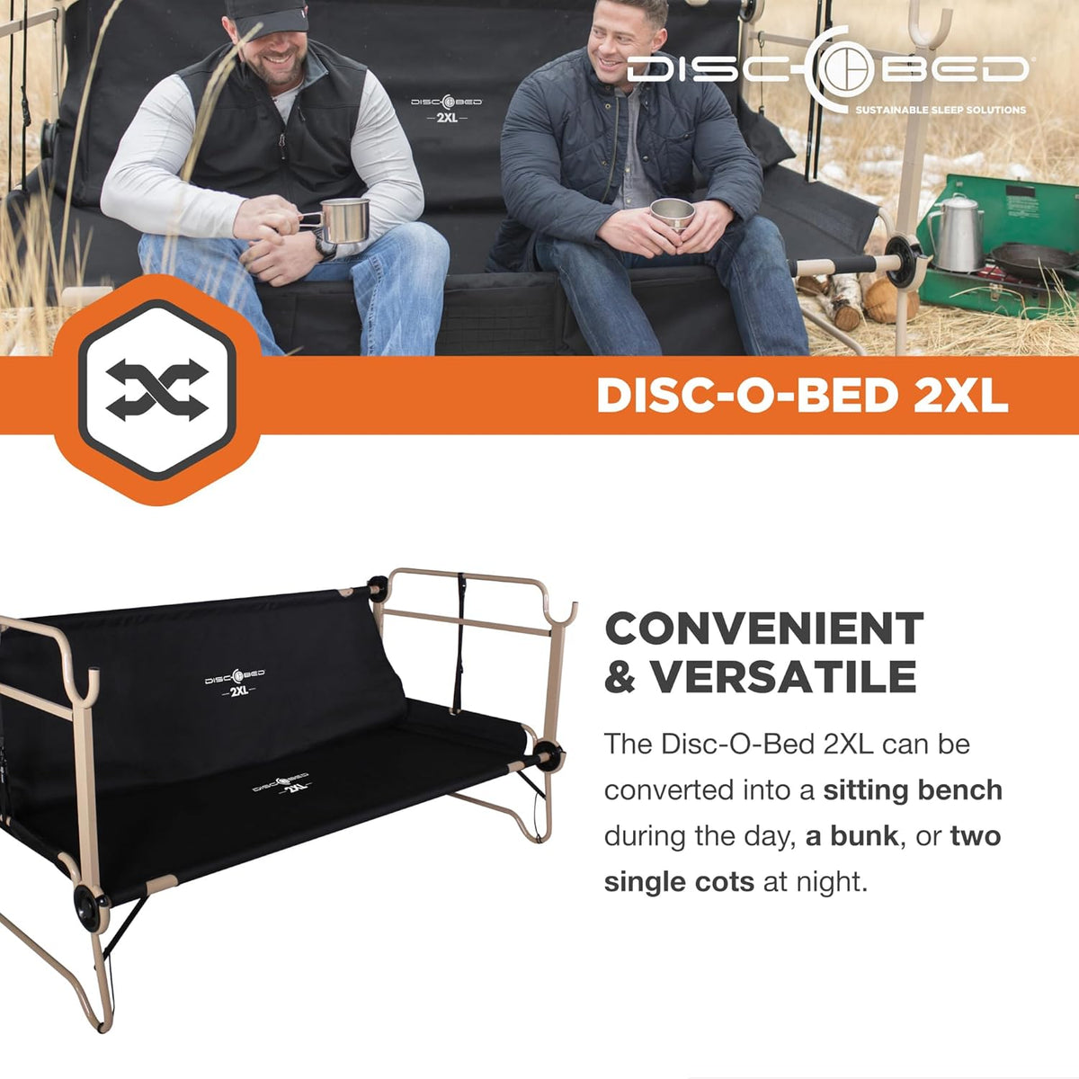 Black Outdoor Convertible 2 Person Camping Cot with 2 Side Organizers Q964