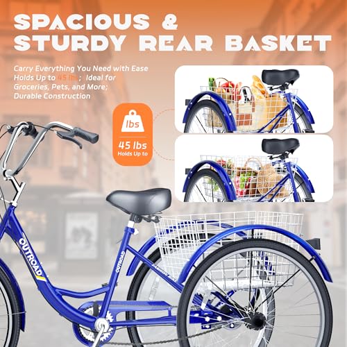 24 Inch Blue 7-Speed Adult Tricycle with Large Basket R123