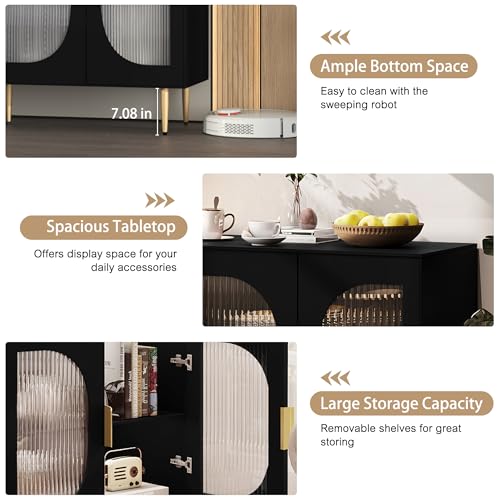 Black Wood Sideboard Cabinet with 4 Glass Doors I2494