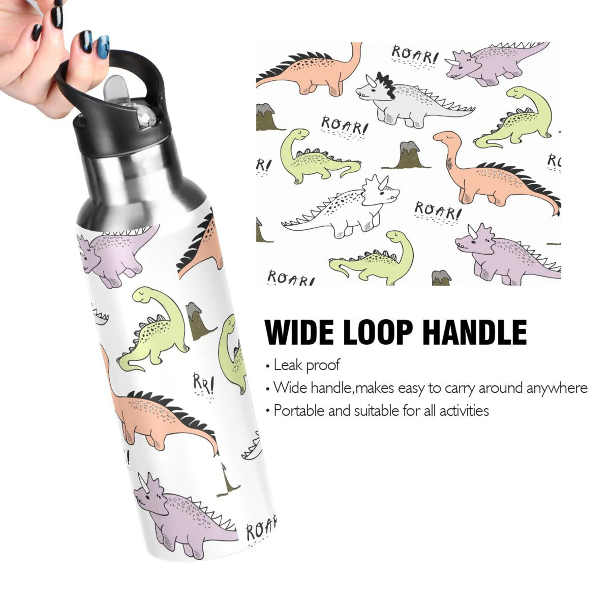 Cartoon Dinosaur Stainless Steel Insulated Water Bottle with Straw Lid C66683