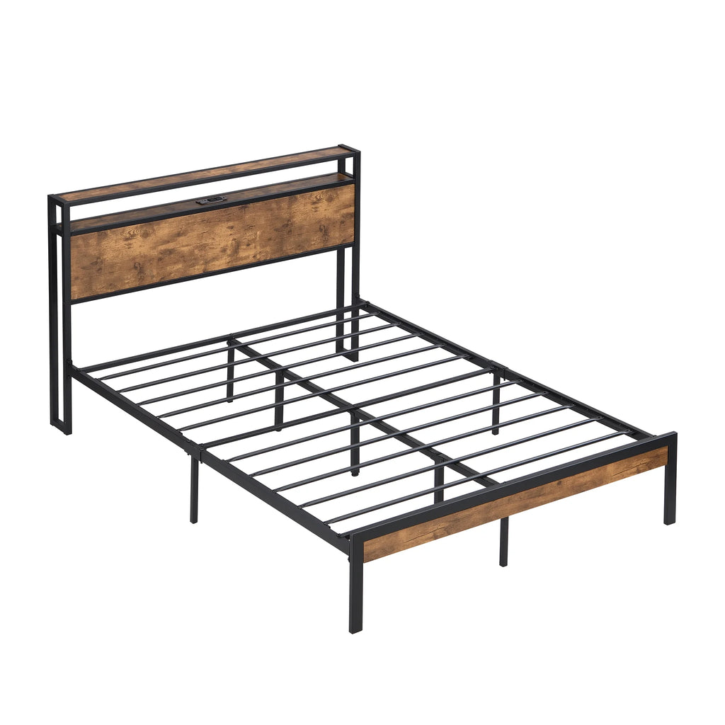 King Size Metal Platform Bed Frame with Wooden Headboard and Footboard D138