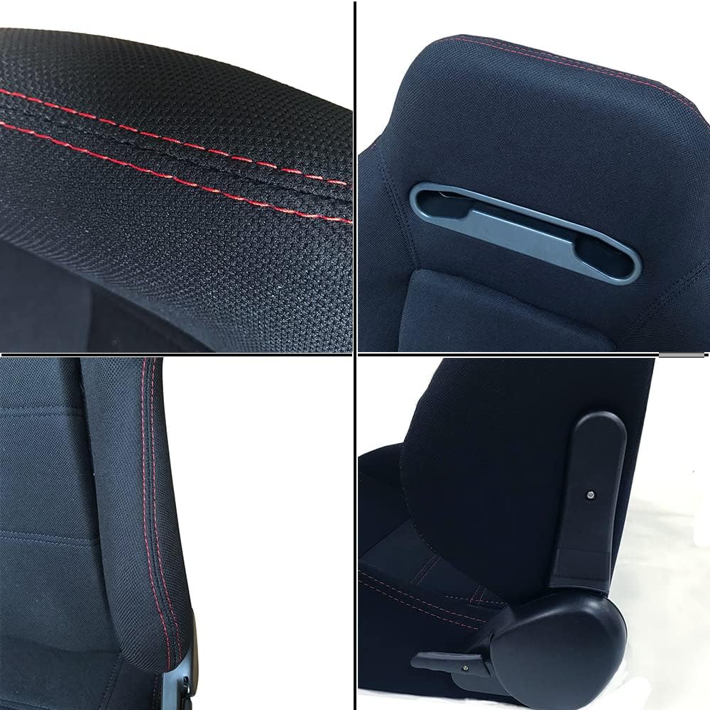 Racing Bucket Seats with Sliders Rails Red Stitch Black Cloth Set of 2 E877316