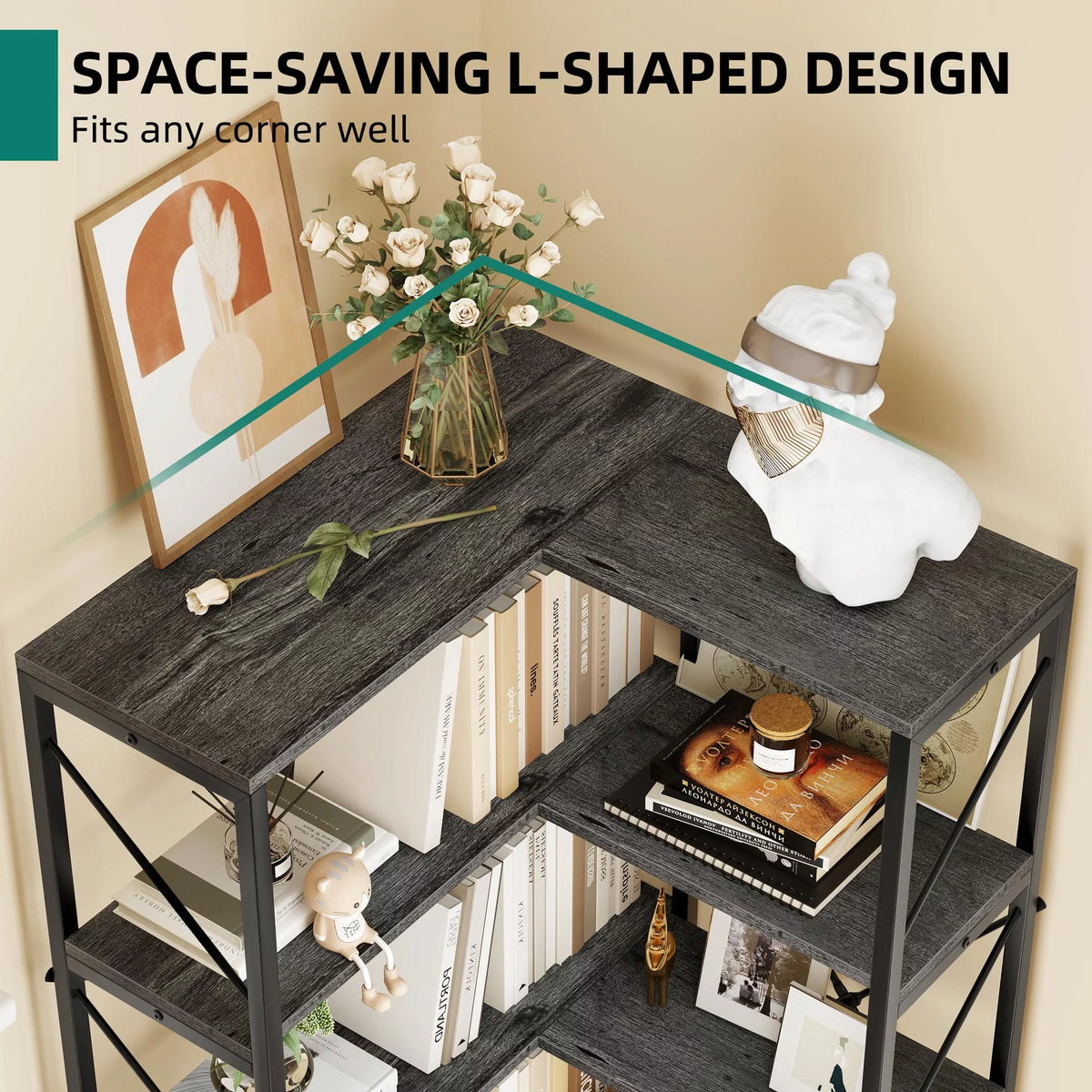 5-Tier L-Shaped Dark Gray Bookcase L3267