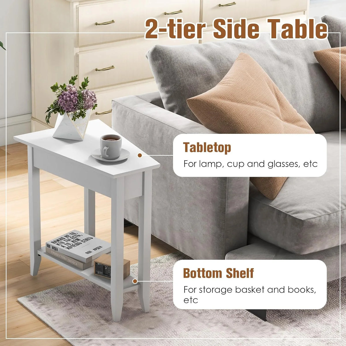 White Triangle Side Table with Storage Shelf and Solid Wood Legs Q8608