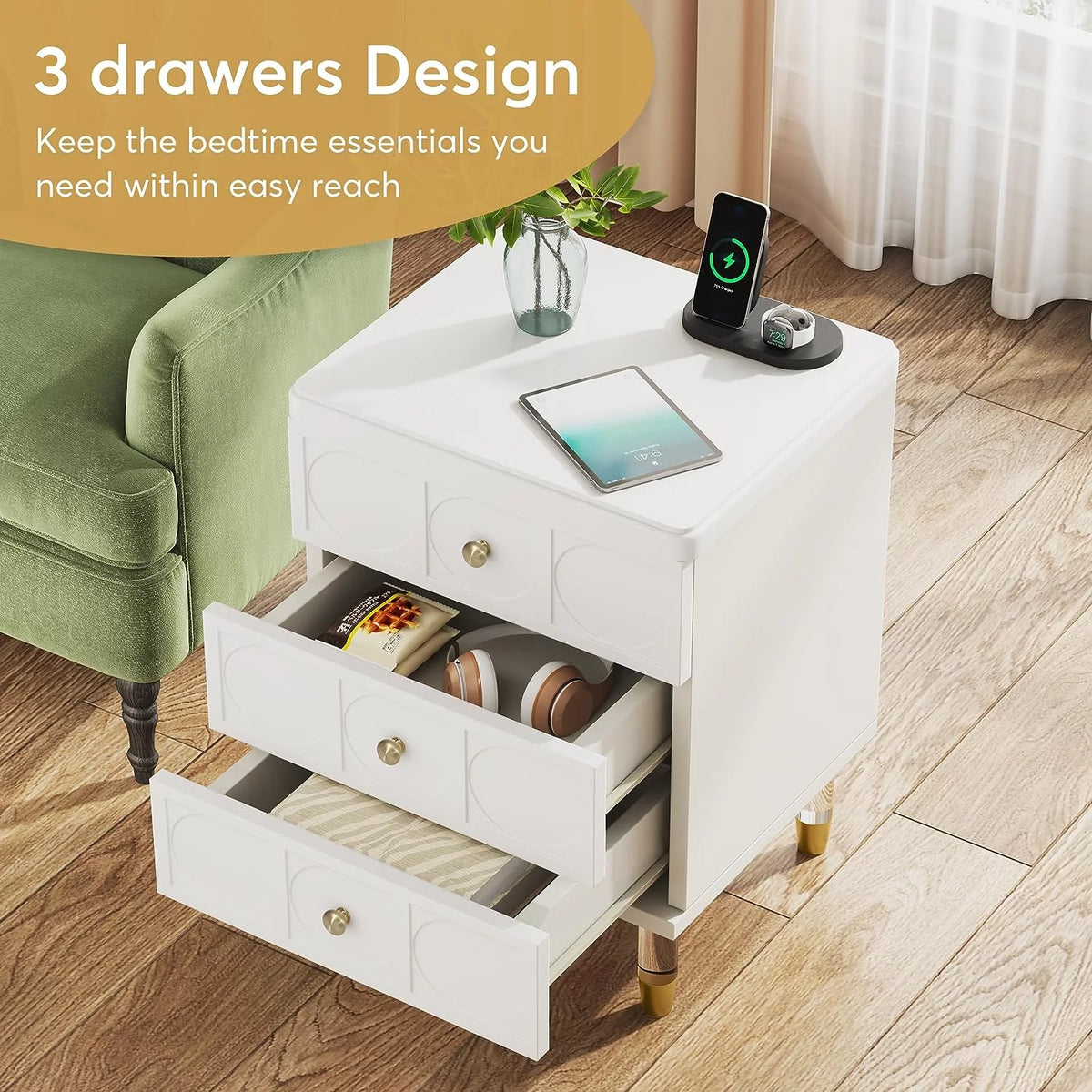 White Gold 3 Drawer Nightstand Z3389