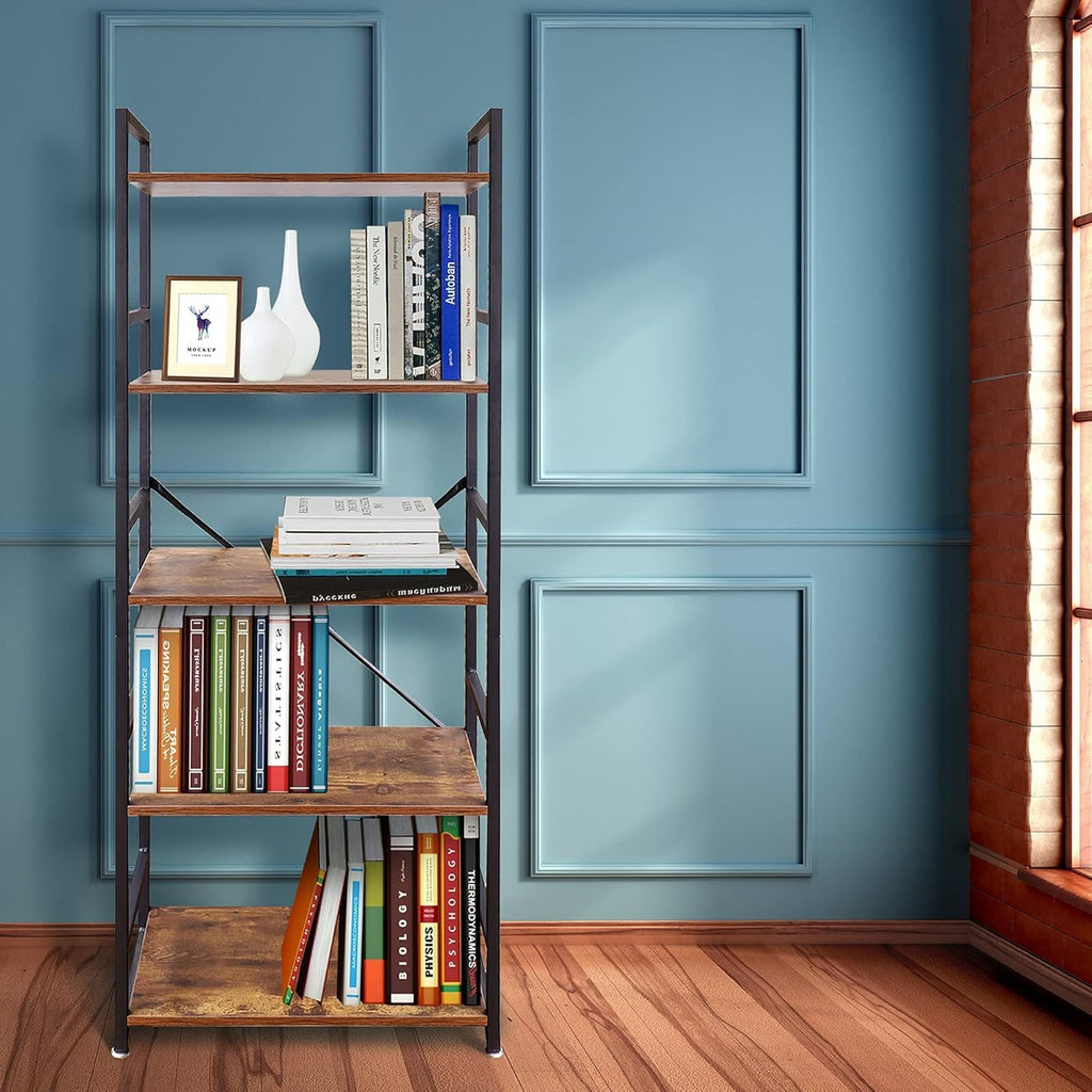 5 Tier Industrial Bookshelf, Wood and Metal, 24 x 12 x 62 I95618