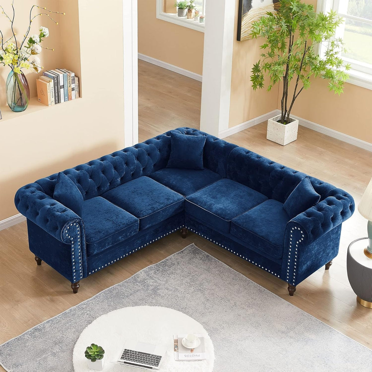 Blue Velvet L-Shape Button Tufted Corner Lounge Couch with Pillows Y63185