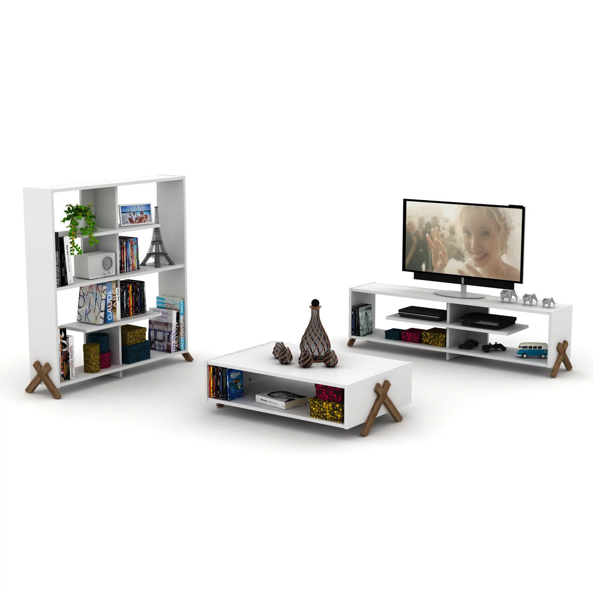Cross Legs Wooden Rectangular Coffee Table with Interior Shelving Q138769