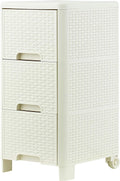 3 Drawer White Wicker Storage Cabinet with Wheels S8819