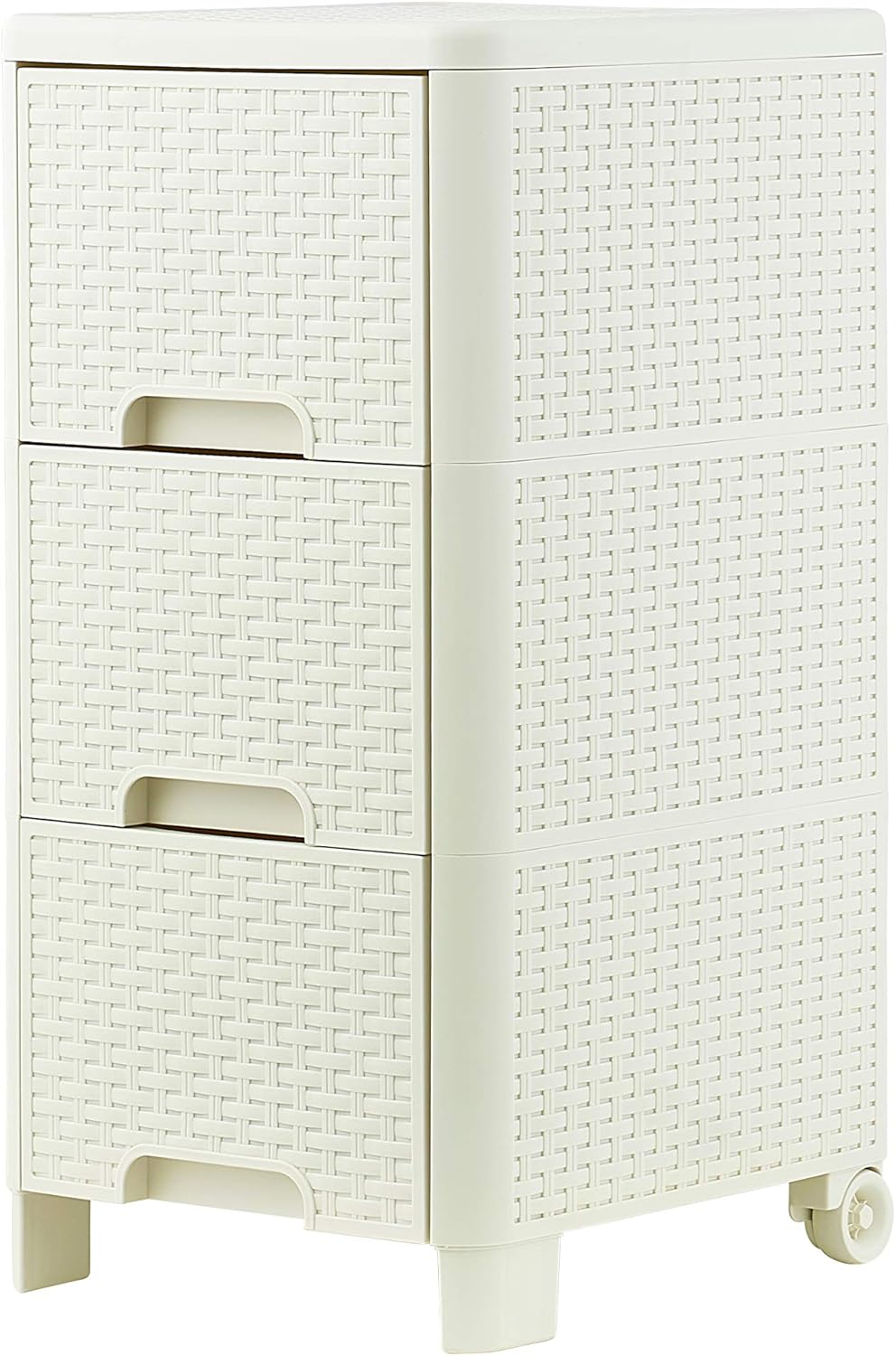 3 Drawer White Wicker Storage Cabinet with Wheels S8819