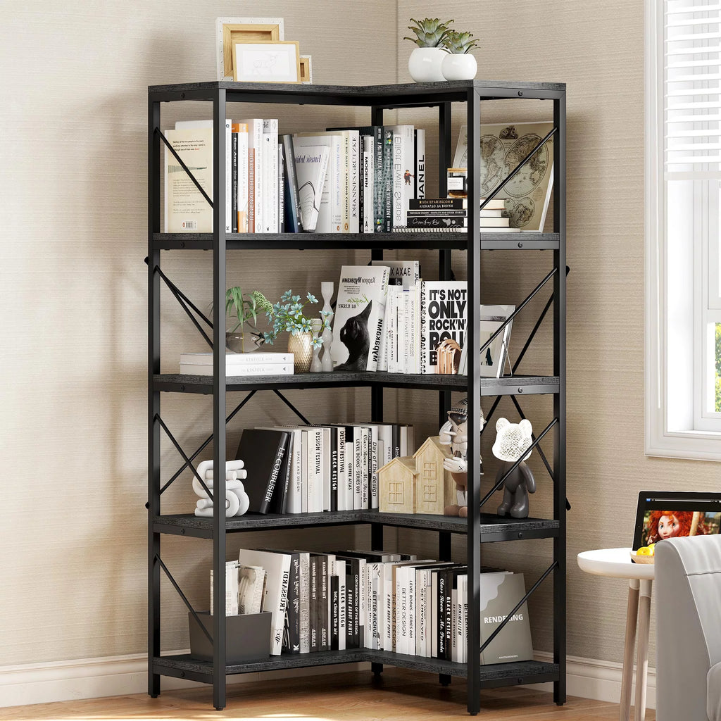 5-Tier L-Shaped Dark Gray Bookcase L3267