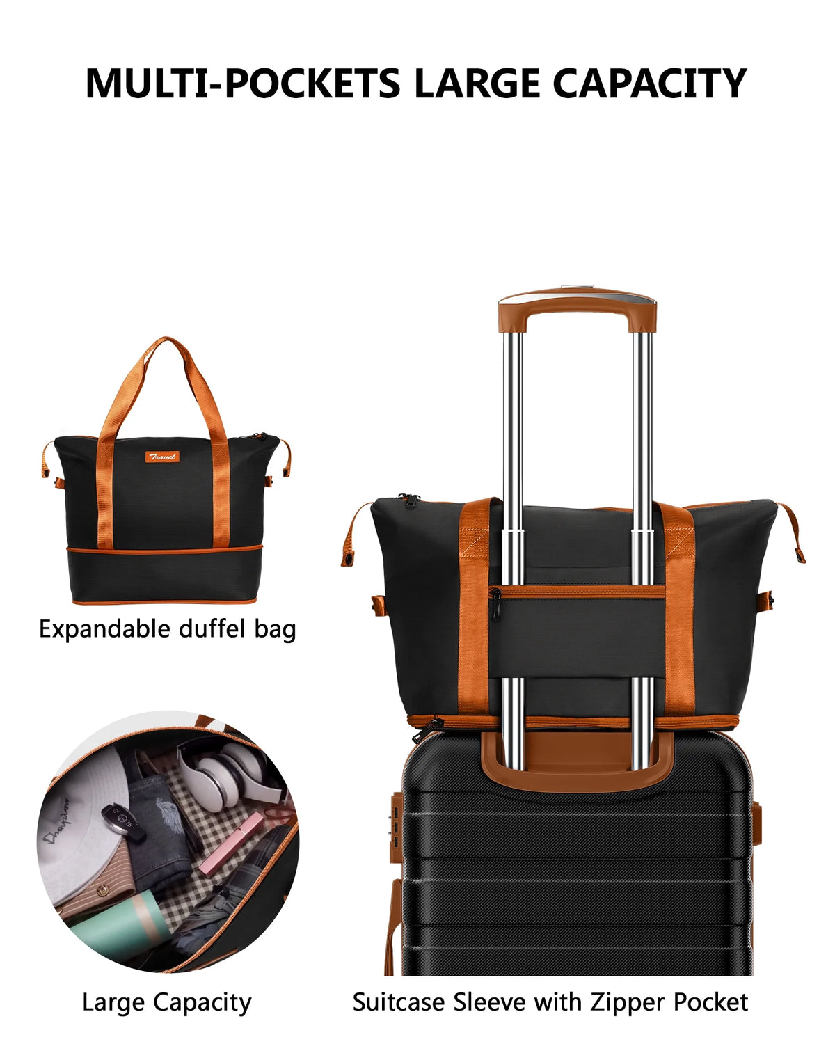 20 inch Carry-on Luggage Spinner Suitcase with Expandable Duffel Bag Travel Set, Black Tan X683