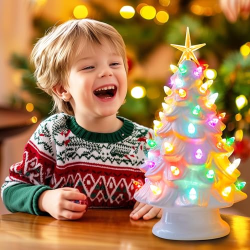 13 Inch Ceramic Christmas Tree with Multicolored LED Lights, Green A2946