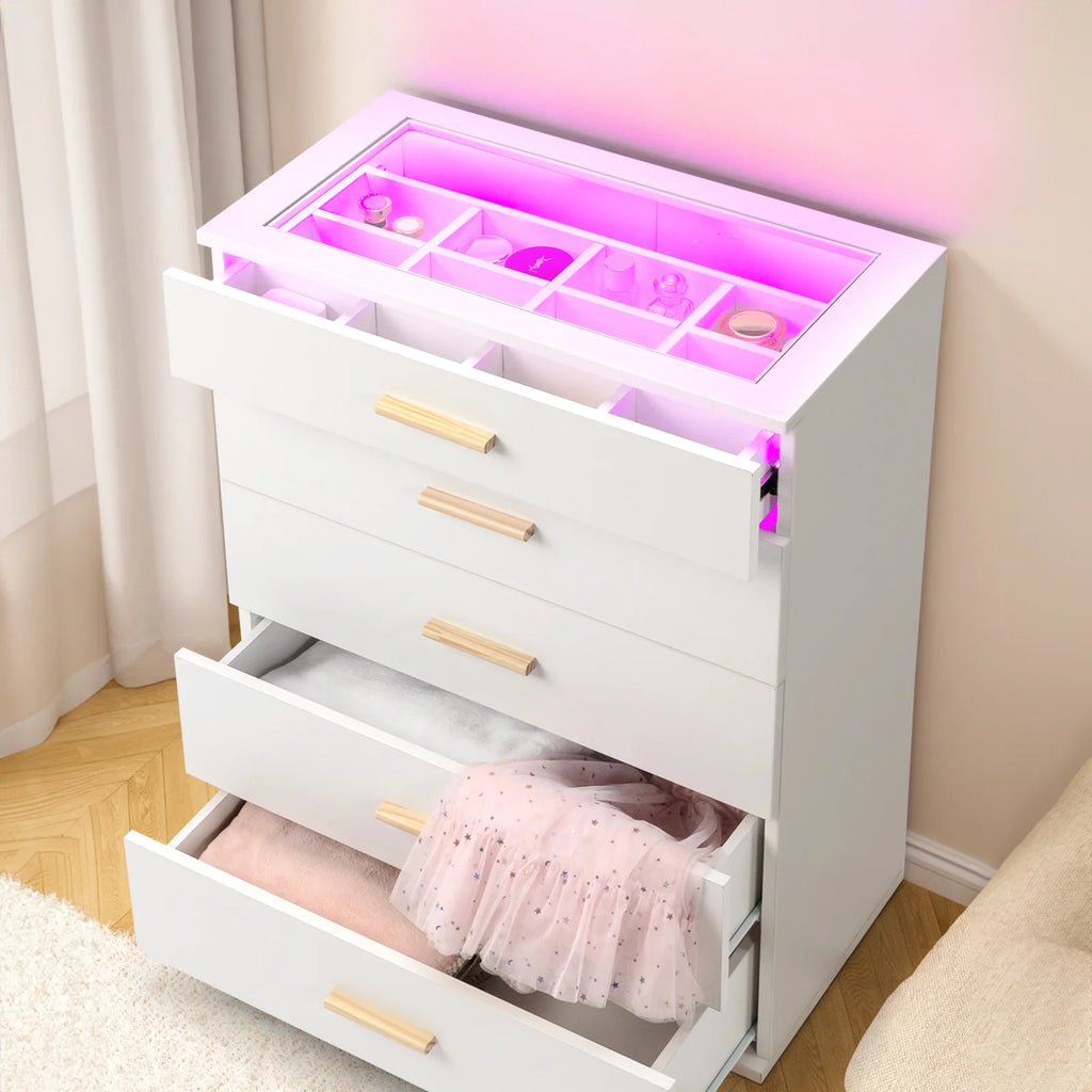 White 5 Drawer Dresser with Tempered Glass Top W83098
