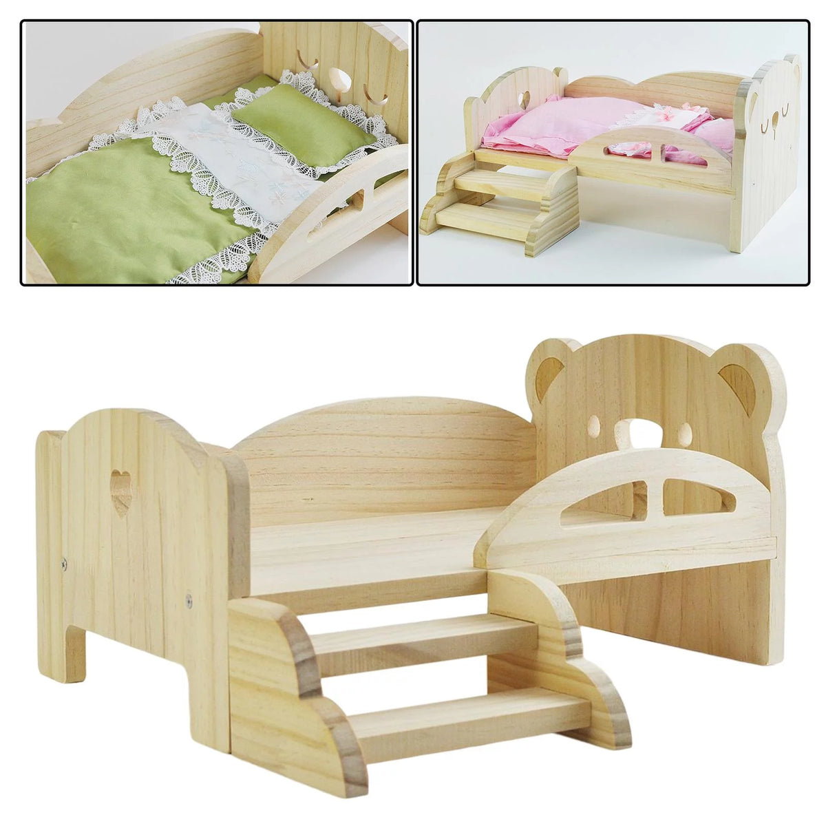 Miniature Wooden Doll Bed with Stairs W673