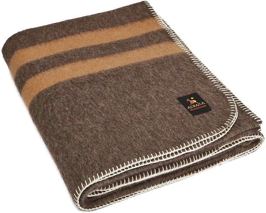 Twin Alpaca Wool Blanket in Orange - Dark Brown Stripes O891677