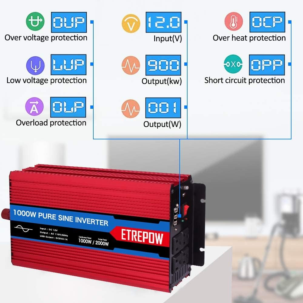 1000 Watt Pure Sine Wave Power Inverter 12V DC to 110V AC P2825