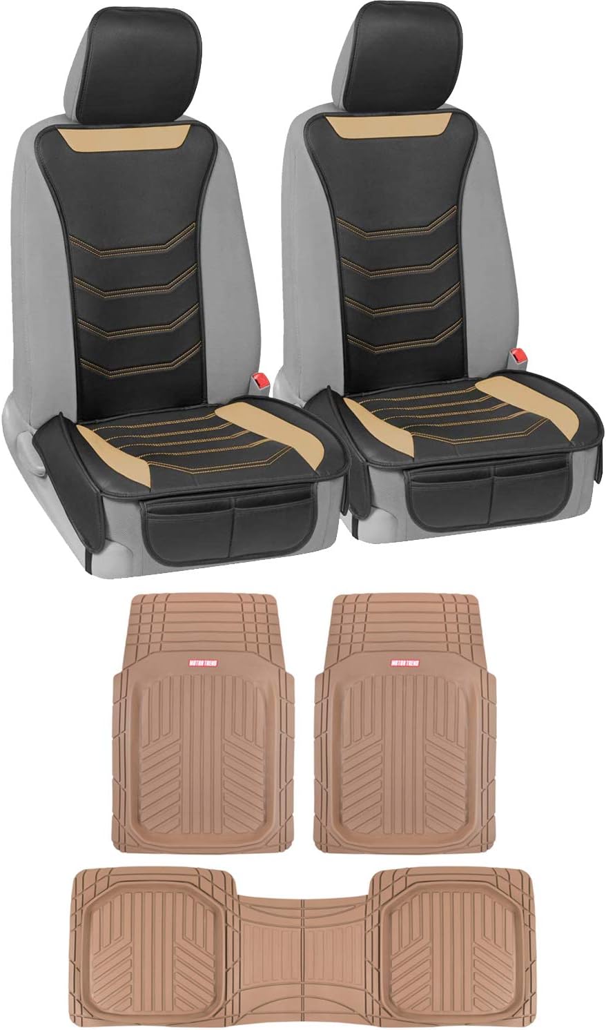 Beige Faux Leather Car Seat Covers and Rubber Floor Mats Set G2890