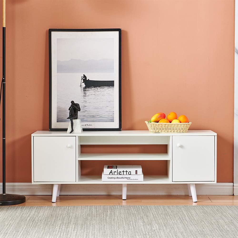 White Wood TV Stand Cabinet with 2 Doors V2417