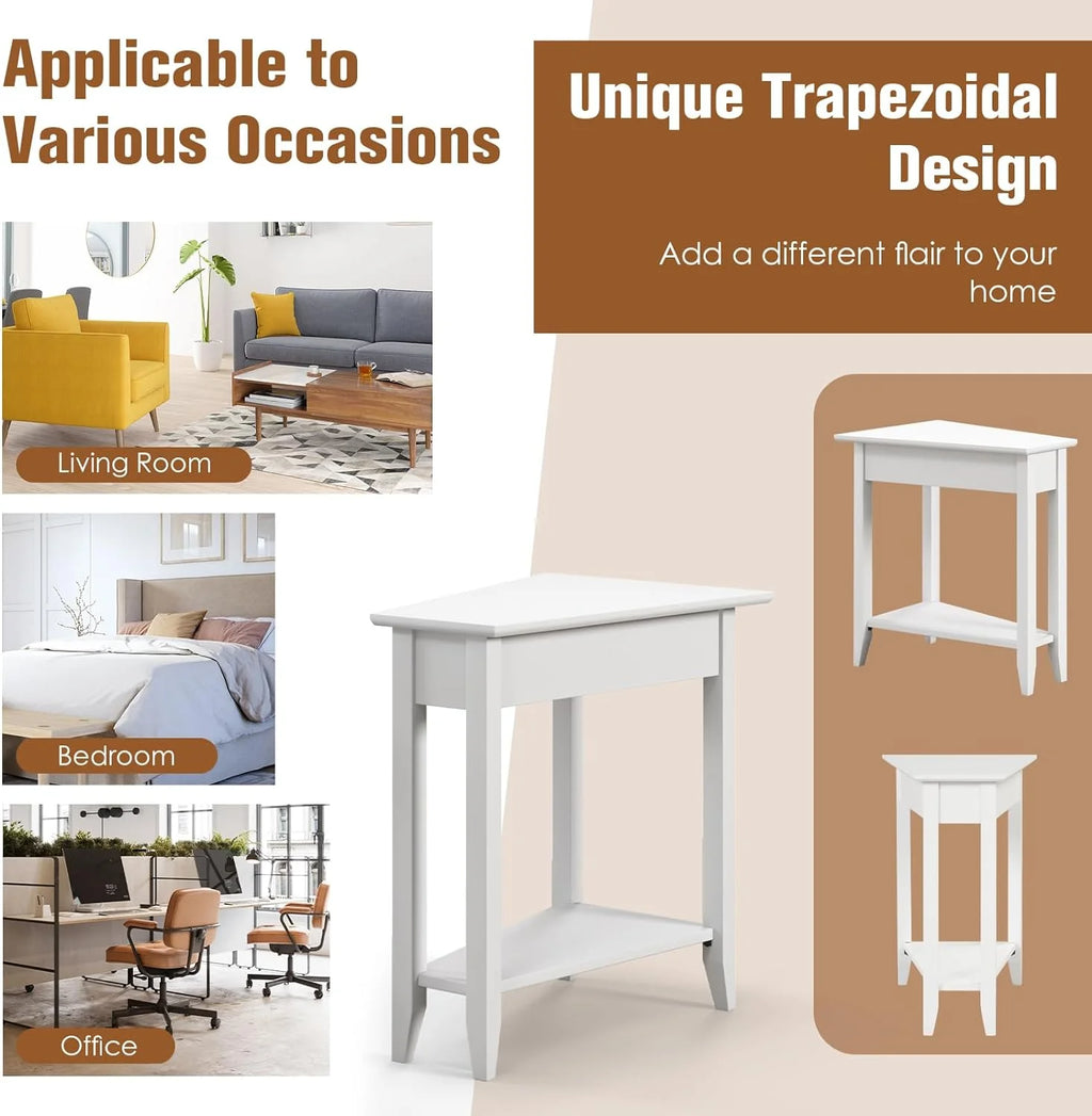 White Triangle Side Table with Storage Shelf and Solid Wood Legs Q8608