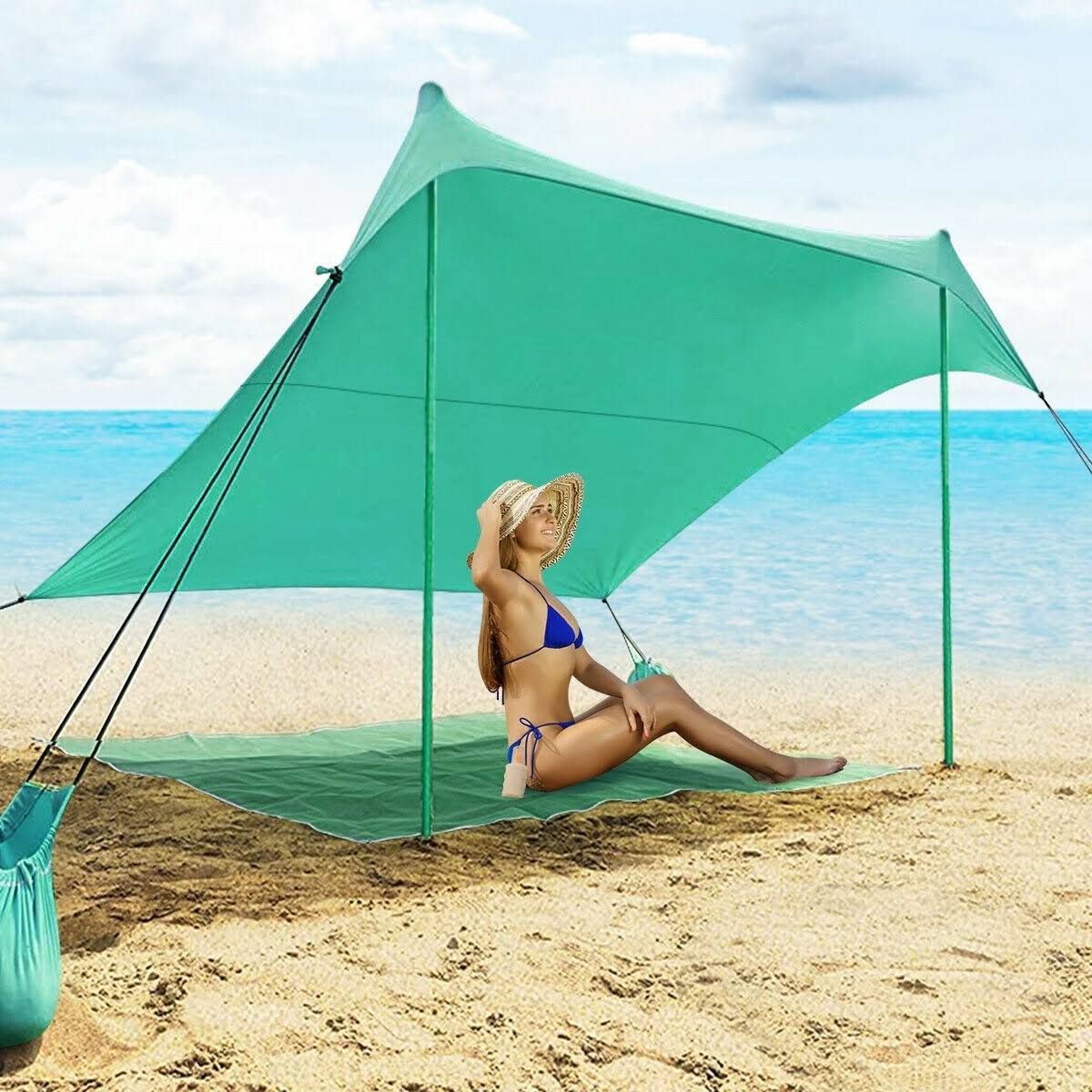 7 x 7 Family Beach Tent Canopy Sunshade with 4 Poles Green K880638