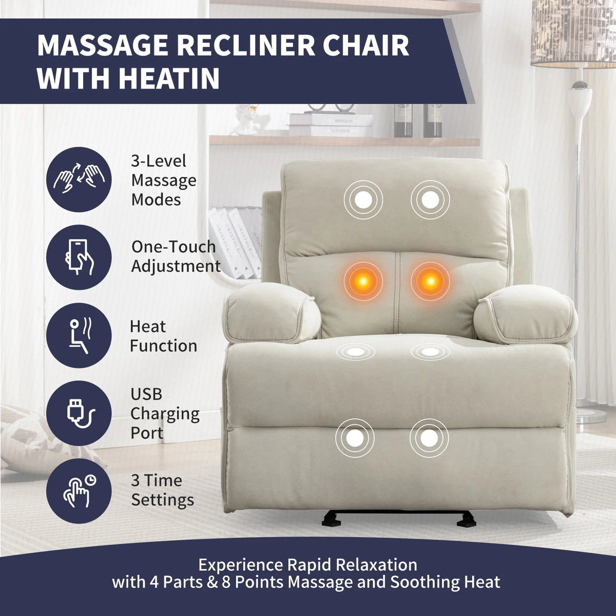 Beige Velour Recliner Chair with Heat Vibration B499