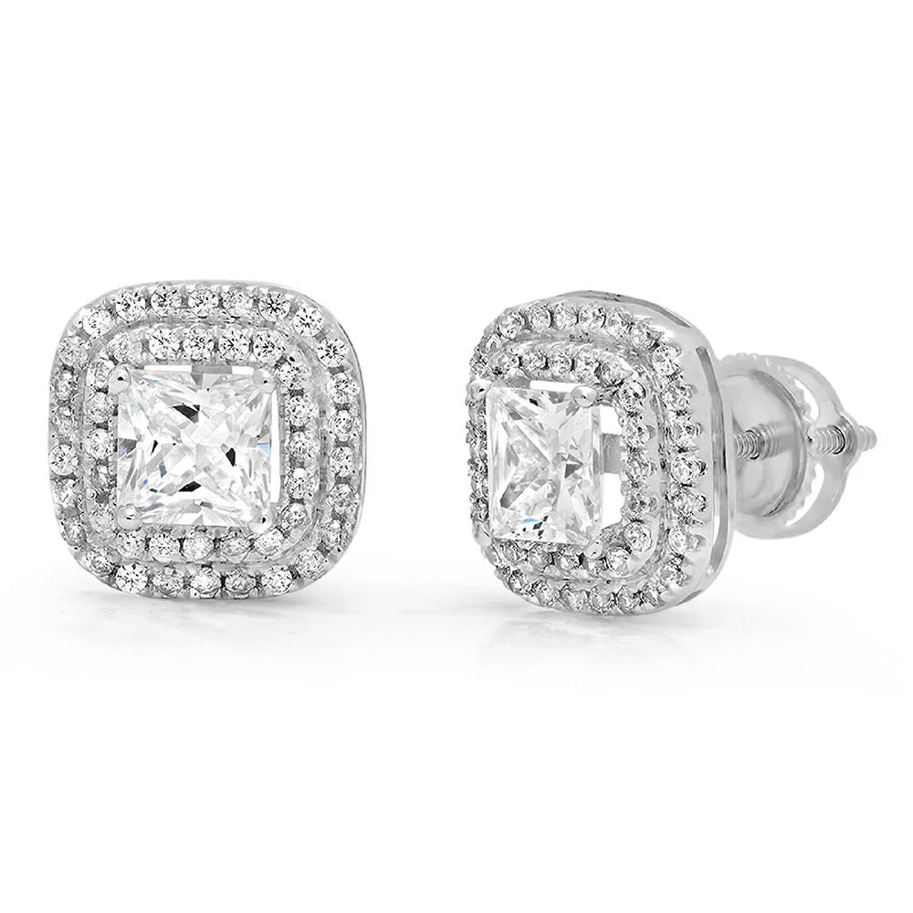 Champagne Simulated Diamond Princess Cut Halo Stud Earrings Screw Back K9999