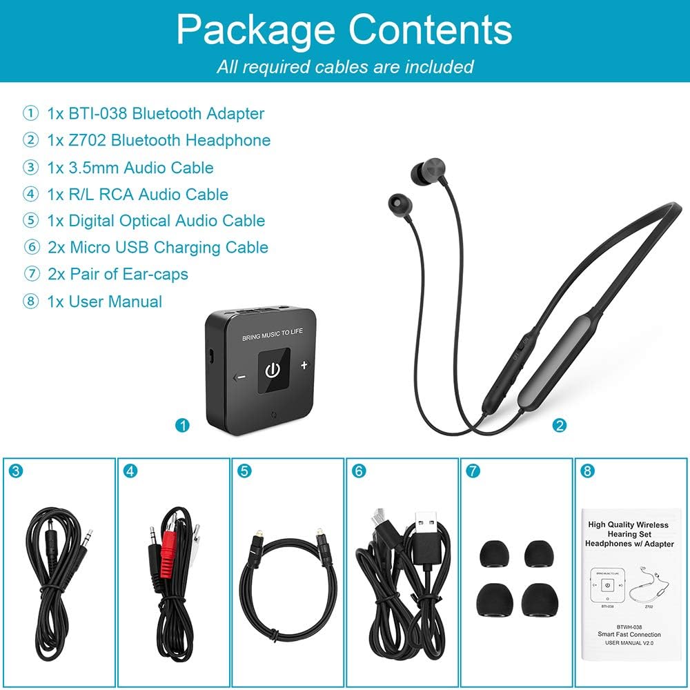 Wireless Headphones with Bluetooth Transmitter Adapter, Bluetooth 5.0 Rechargeable Earbuds Headset X9500