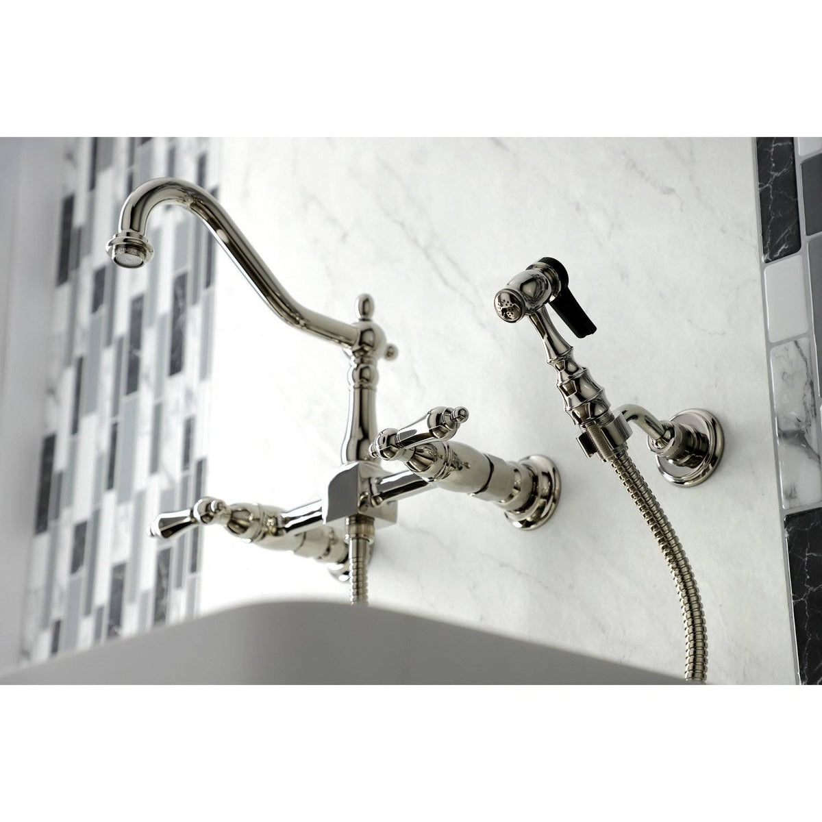Polished Chrome Two-Handle Wall Mount Kitchen Faucet with Sprayer A526052