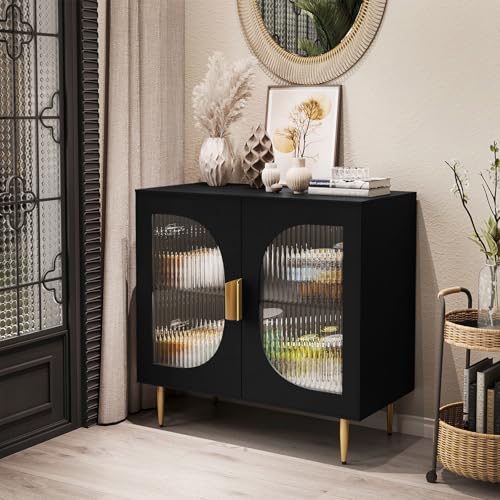 Black Wood Sideboard Cabinet with 4 Glass Doors I2494