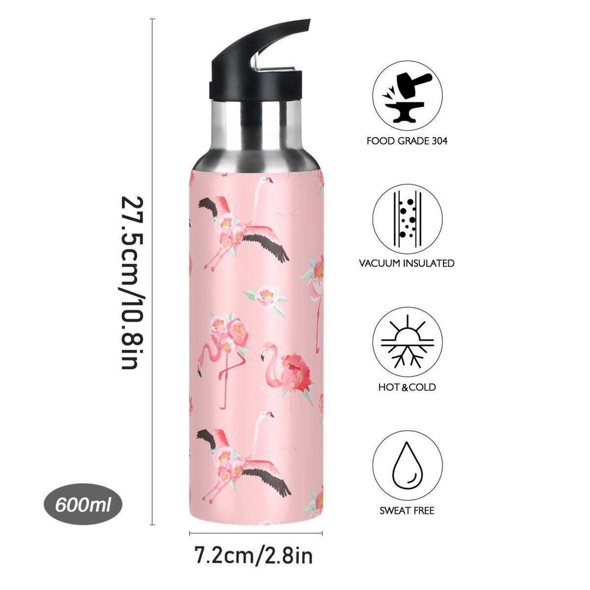 Pink Insulated Stainless Steel Water Bottle with Straw Lid 20 oz L5429
