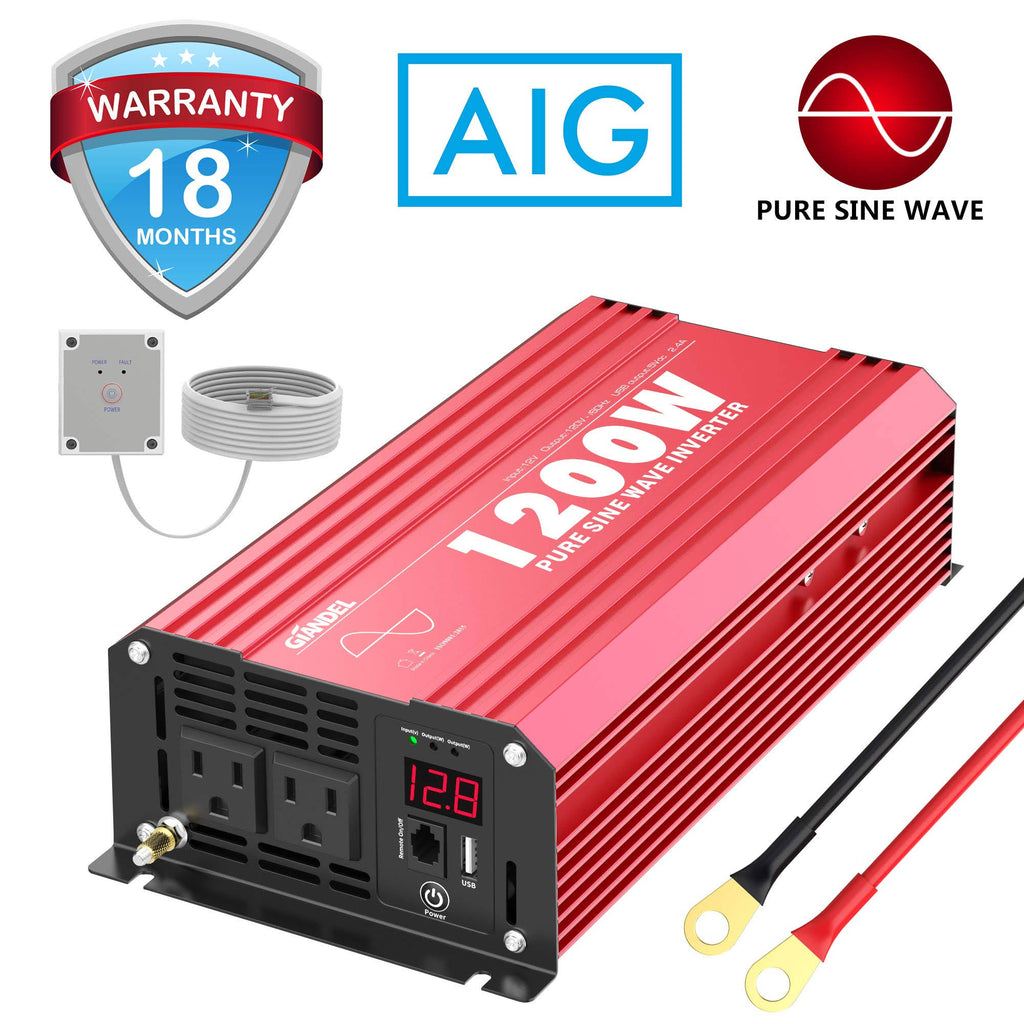 1200W Pure Sine Wave Power Inverter DC 12V to AC 120V with Remote Control USB Port LED Display N10625