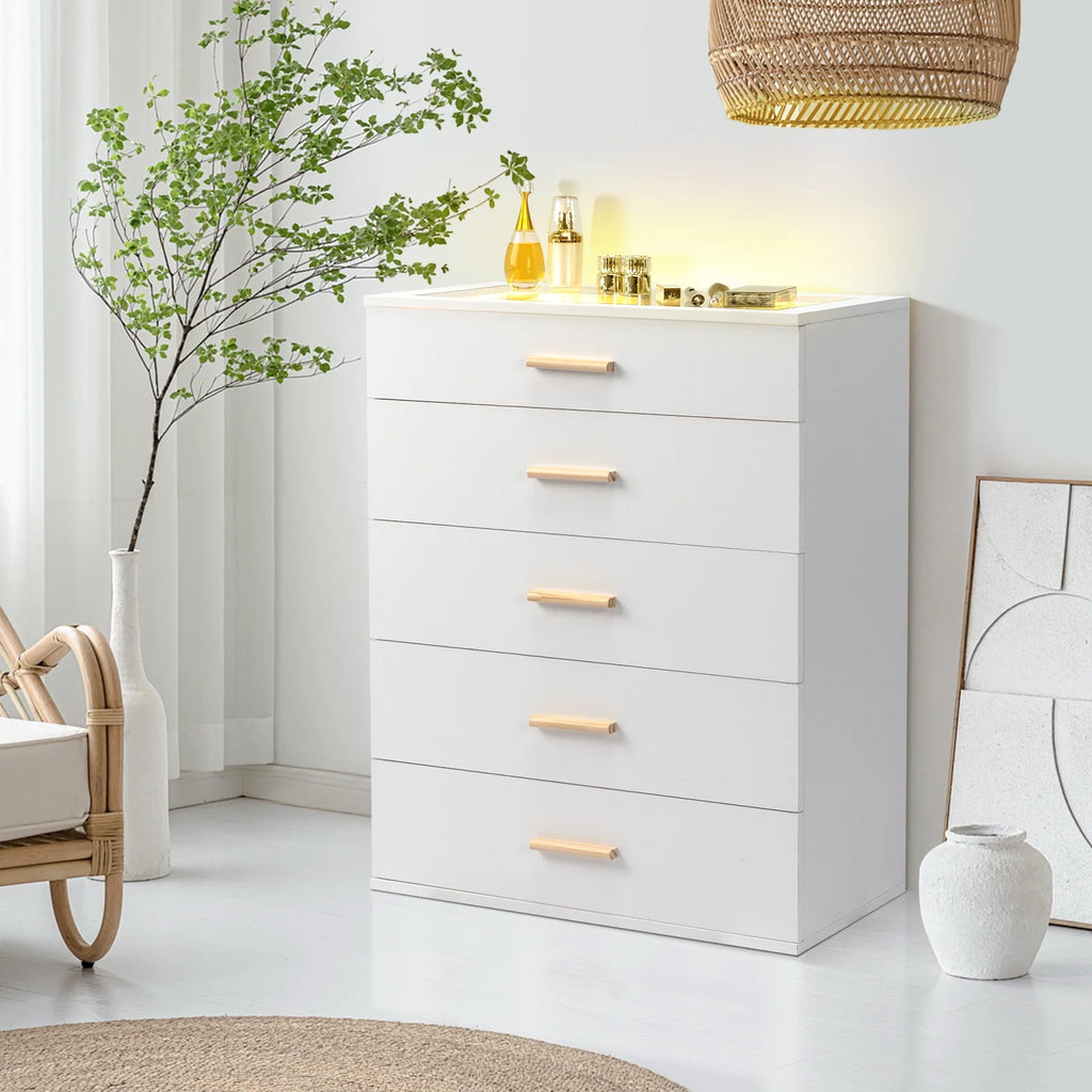 White 5 Drawer Dresser with Tempered Glass Top W83098