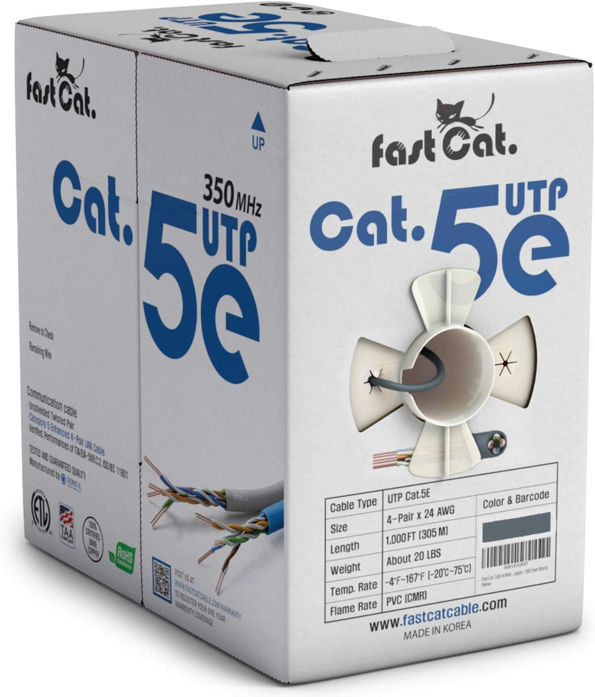 Cat5e Ethernet Cable 1000ft 24 AWG Bare Copper White Q7622