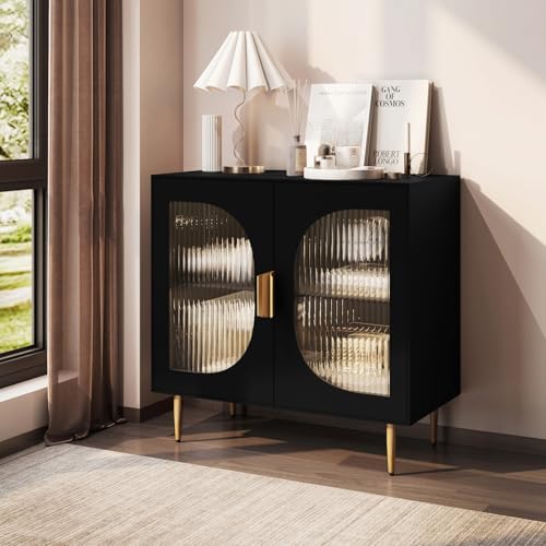 Black Wood Sideboard Cabinet with 4 Glass Doors I2494