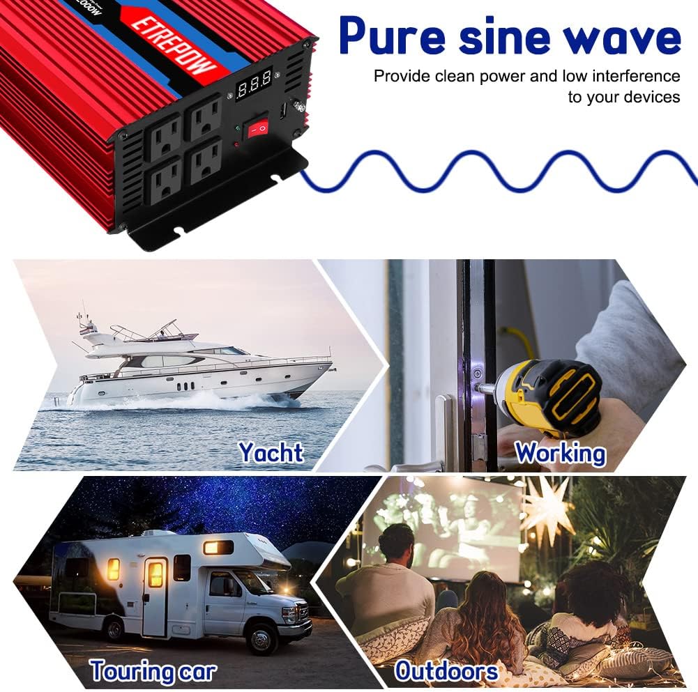 1000 Watt Pure Sine Wave Power Inverter 12V DC to 110V AC P2825
