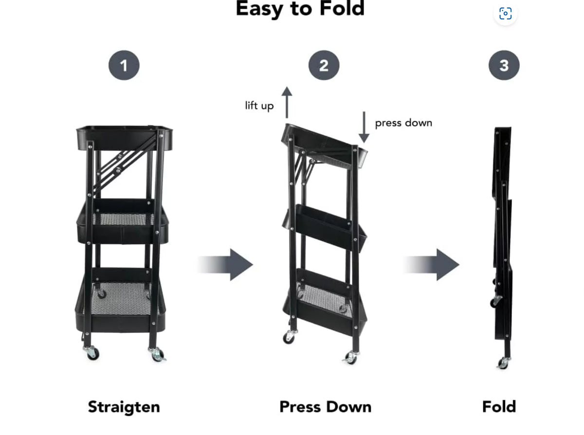 3 Tier Rolling Utility Storage Cart with Wheels, Black Q1562