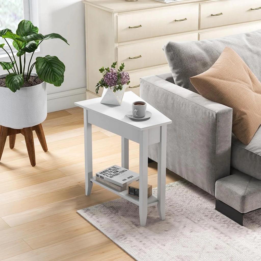 White Triangle Side Table with Storage Shelf and Solid Wood Legs Q8608
