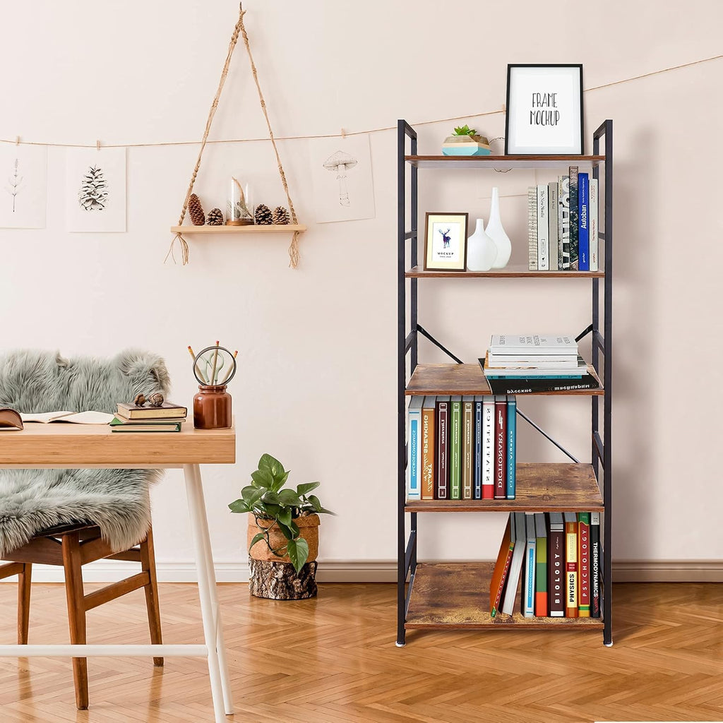 5 Tier Industrial Bookshelf, Wood and Metal, 24 x 12 x 62 I95618