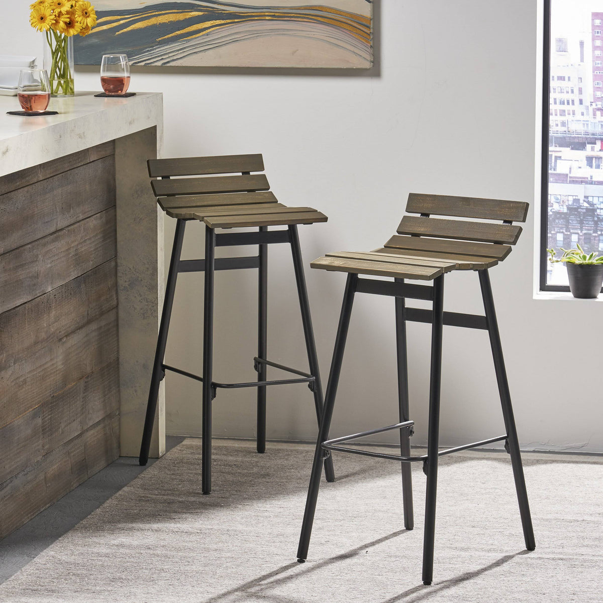 Wooden Barstool Set of 2 Gray Black E594