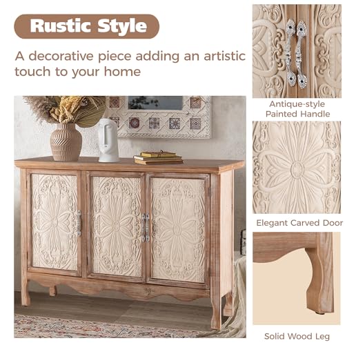 3 Carved Doors Wood Sideboard Cabinet, Wash Grey S7749