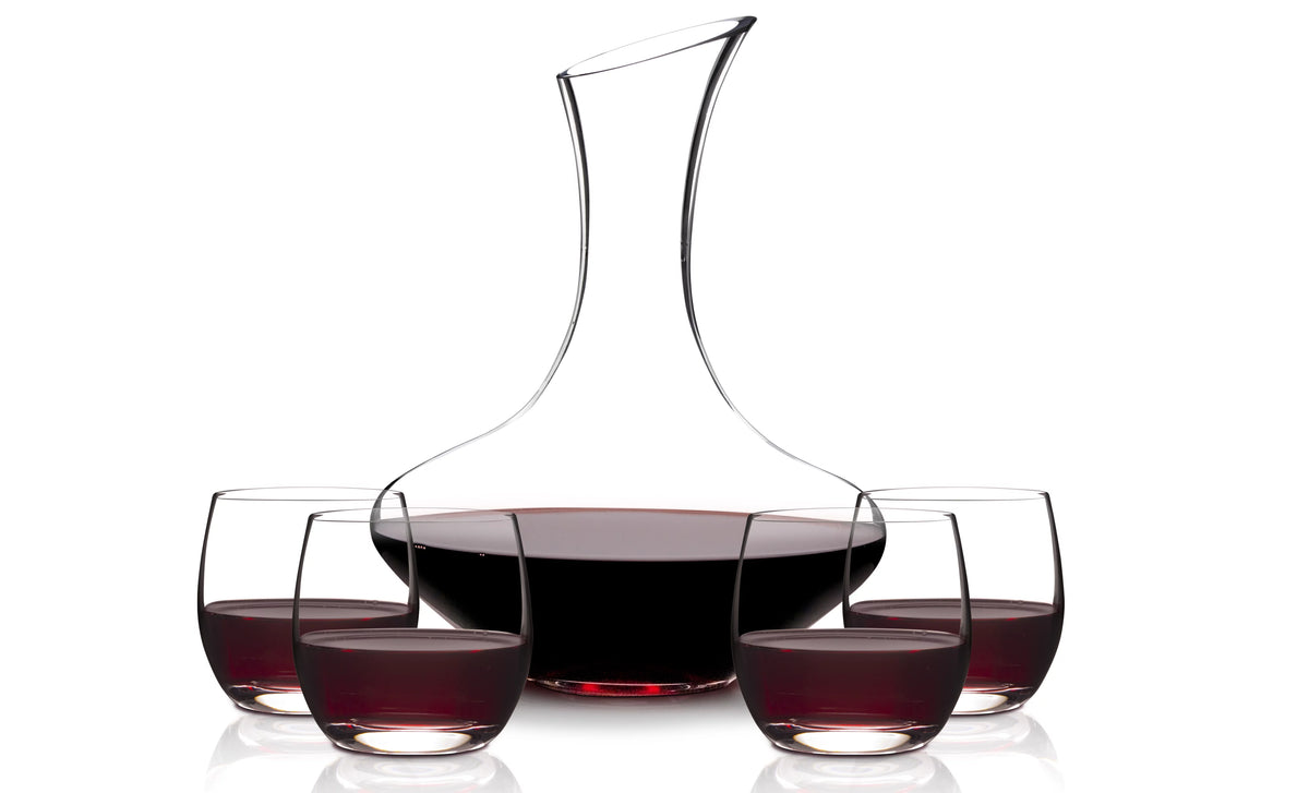 5 pieces Hand Blown Lead Free Crystal Glass Wine Decanter Carafe Aerator with Stemless Wine Glasses E175868