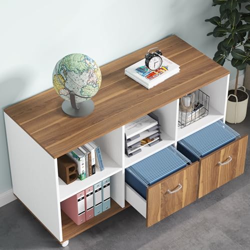 Brown and Black L-Shaped Executive Desk with File Cabinet and Drawers K694262