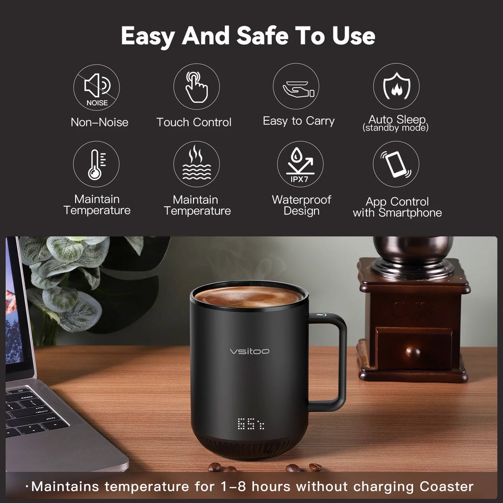 Black Self Heating Coffee Mug 10 oz with Lid U58452