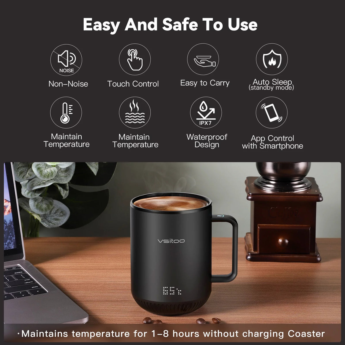 Black Self Heating Coffee Mug 10 oz with Lid U58452