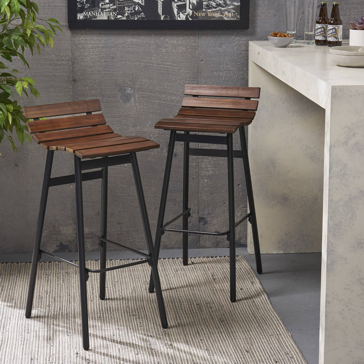 Wooden Barstool Set of 2 Gray Black E594