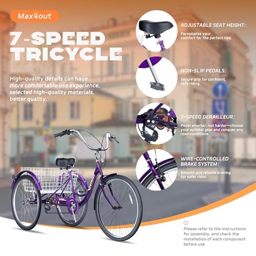 24 Inch Blue 7-Speed Adult Tricycle with Large Basket R123