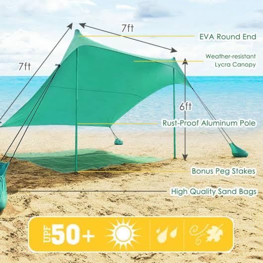 7 x 7 Family Beach Tent Canopy Sunshade with 4 Poles Green K880638